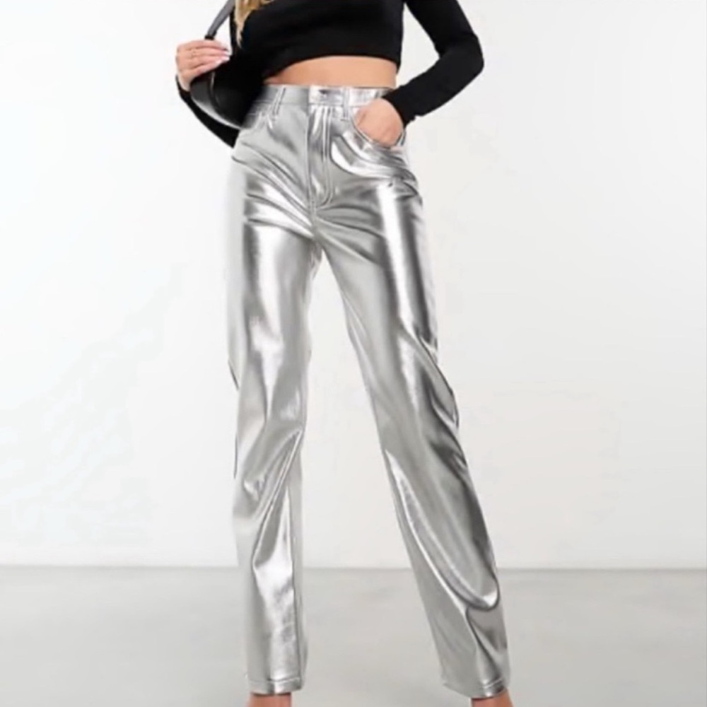 Abercrombie 90s Straight Metallic Faux Leather Pants Silver 29 NWT